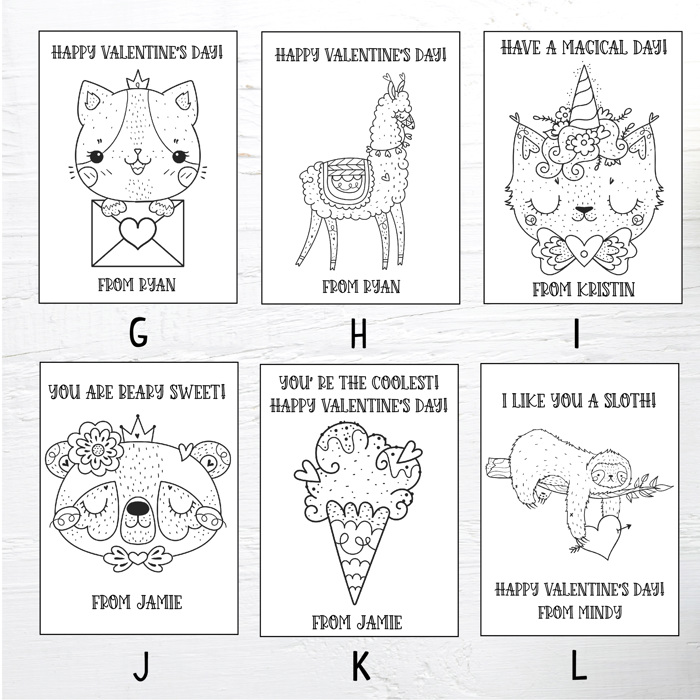 Personalized Valentine's Coloring Cards, Set of 24 Valentine's Cards and Bags