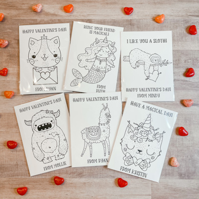 Personalized Valentine's Coloring Cards, Set of 24 Valentine's Cards and Bags