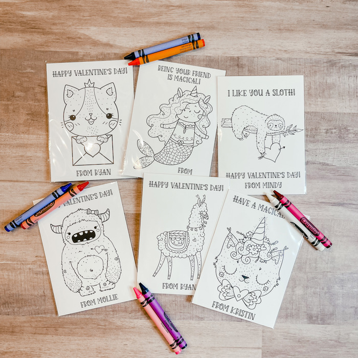 Personalized Valentine's Coloring Cards, Set of 24 Valentine's Cards and Bags