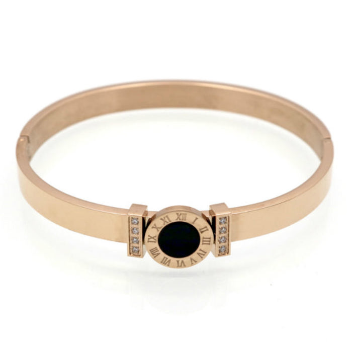Cassia Bangle Bracelet w/ Roman Numerals - Stainless Steel