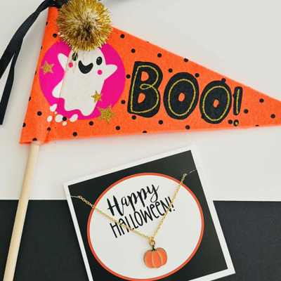 Happy Halloween Dainty Pumpkin Necklace & Card