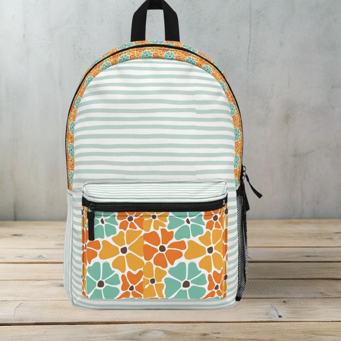 Boho Flowers and Stripes Custom Name Backpack