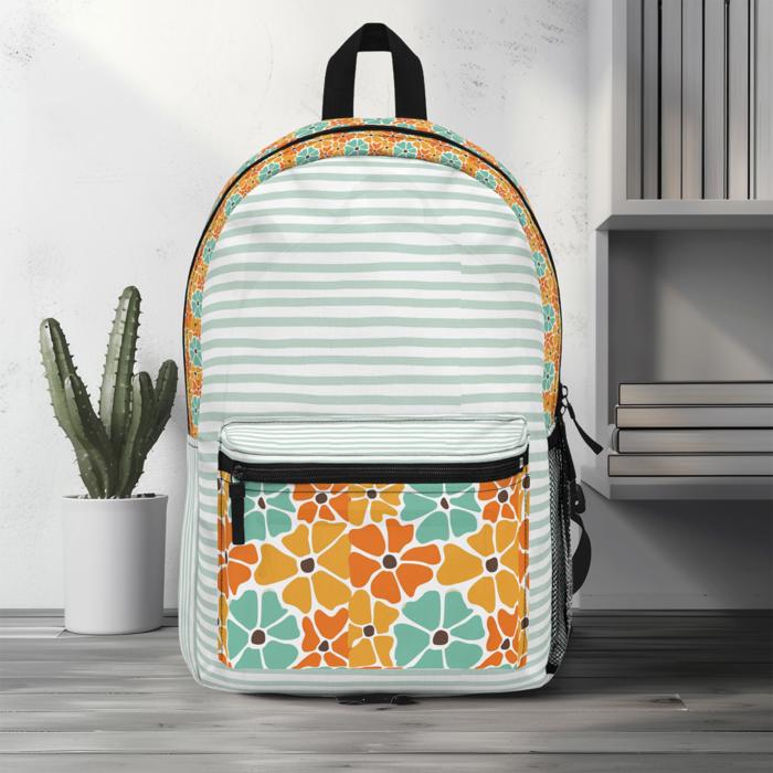 Boho Flowers and Stripes Custom Name Backpack