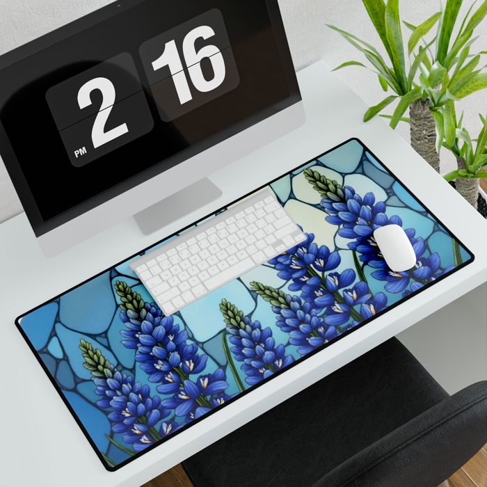 Bluebonnets Stained Glass Style Desk Mat, Large Gaming Pad