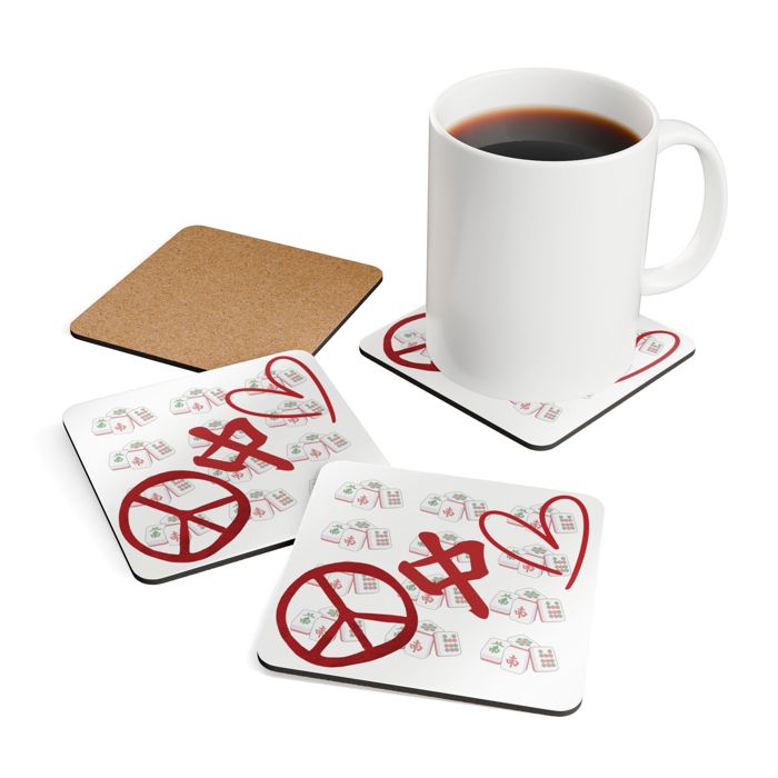 Peace Mahjong Love Hardboard Coasters with Cork Bottom (Set of 4), Tile Game Players Gift