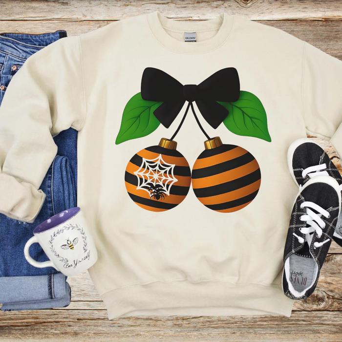 Coquette Halloween Cherries Sweatshirt, Spooky Cute Bow Spiderweb Design