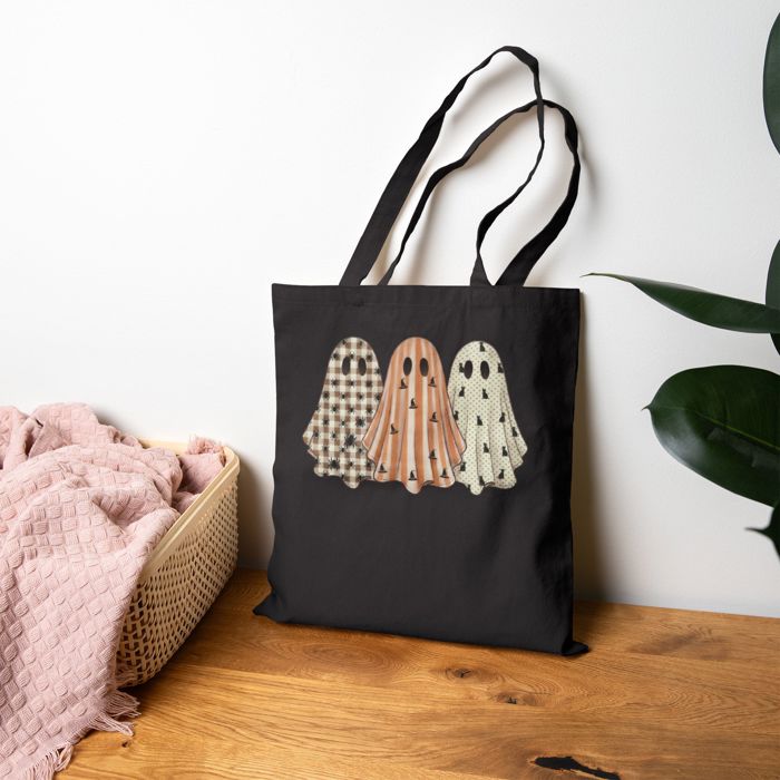 Patterned Ghosts Tote Bag, Spooky Cute Carry Bag, Gift for Games Player Teacher or Student