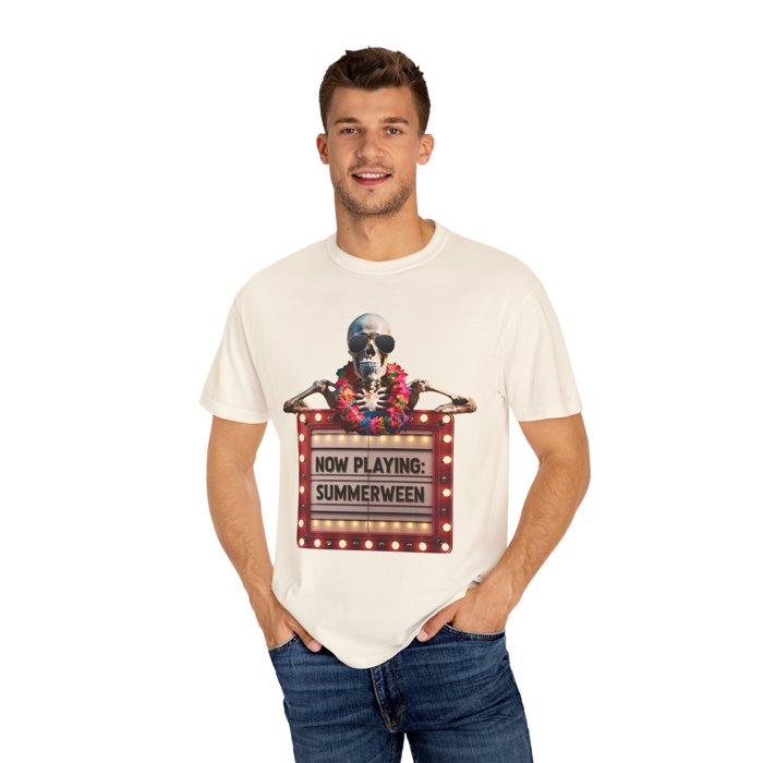 Summerween Skeleton Marquee Comfort Colors T-Shirt, Funny Halloween-in-July Shirt Gift