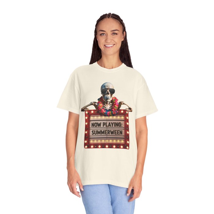 Summerween Skeleton Marquee Comfort Colors T-Shirt, Funny Halloween-in-July Shirt Gift