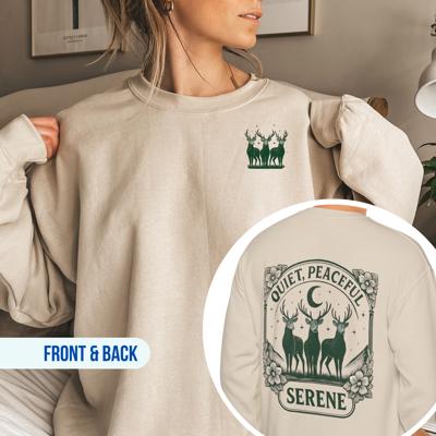 Reindeer  Crewneck Sweatshirt, Front & Back Forest Wildlife Design