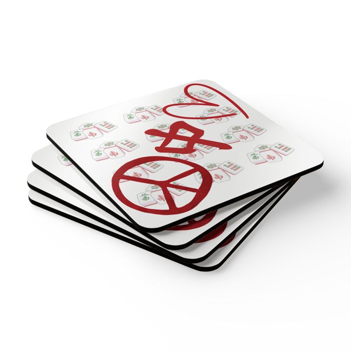 Peace Mahjong Love Hardboard Coasters with Cork Bottom (Set of 4), Tile Game Players Gift