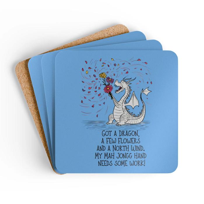 Peace Mahjong Love Hardboard Coasters with Cork Bottom (Set of 4), Tile Game Players Gift