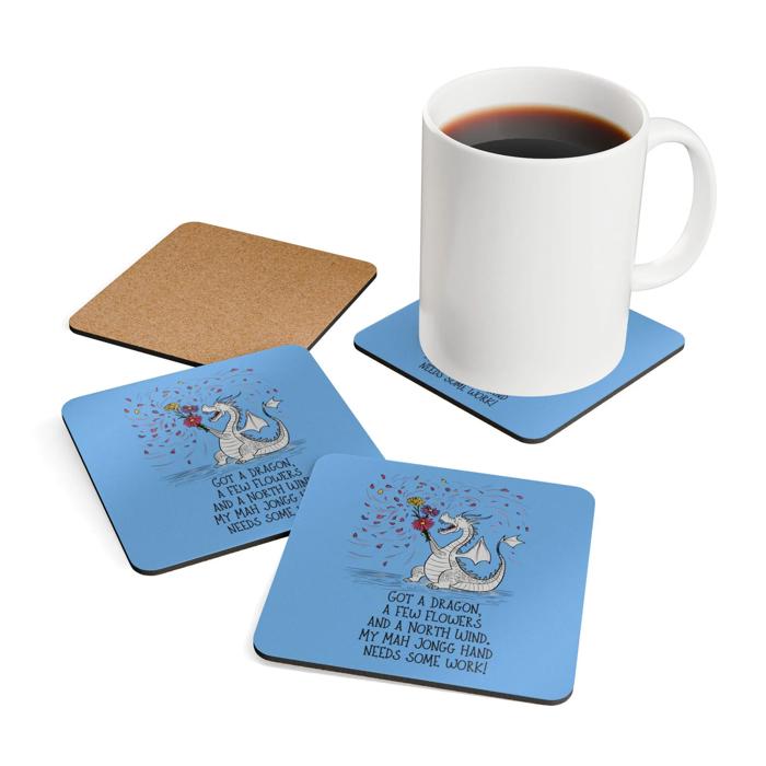 Peace Mahjong Love Hardboard Coasters with Cork Bottom (Set of 4), Tile Game Players Gift