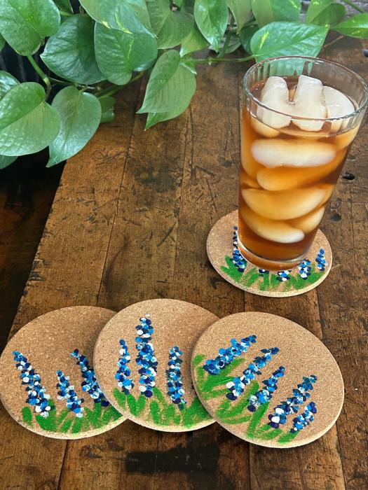 Hand Painted Coasters Set of 4, Personalized Texas Bluebonnets Design