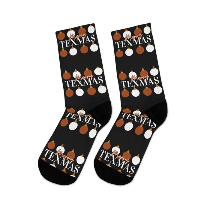 Longhorns Merry Texmas Socks, Super Soft UT Socks, Longhorn Fan Gift, Burnt Orange and White Socks