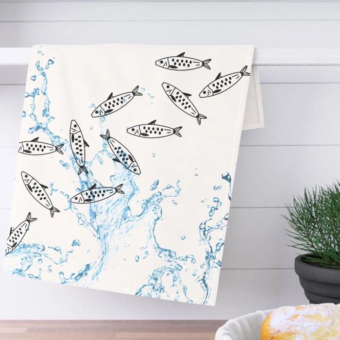 Fishes Tea Towel with Water Splash Design
