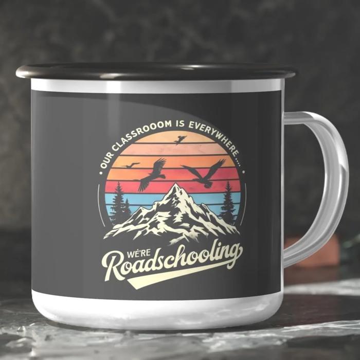 Roadschooling Enameled Camp Mug, Homeschool Travel Mug