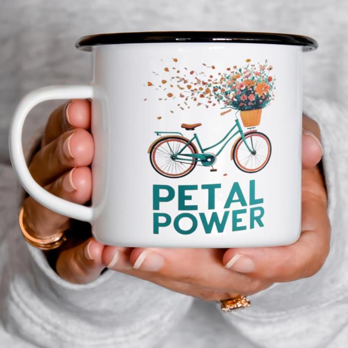 Enamel Camp Mug Floral Bike Design, Petal Power  Mug with Black Rim