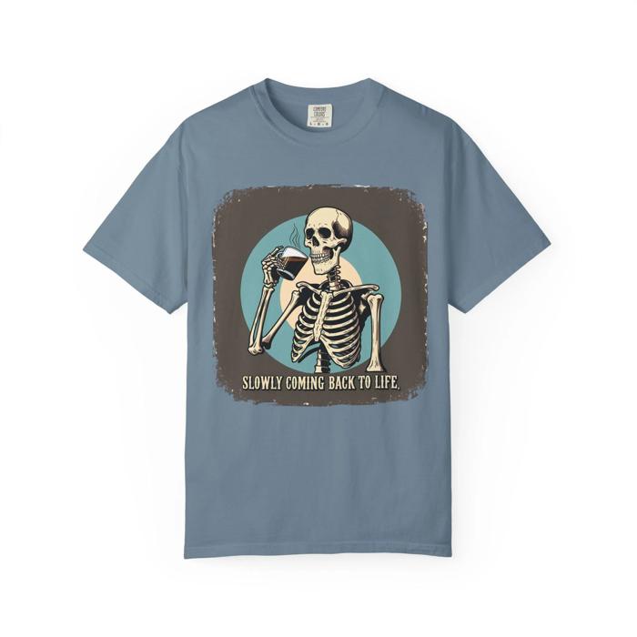 Skeleton Coffee Drinker Tshirt, Comfort Colors Tee for Caffeine Lover