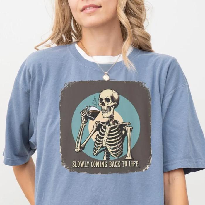 Skeleton Coffee Drinker Tshirt, Comfort Colors Tee for Caffeine Lover
