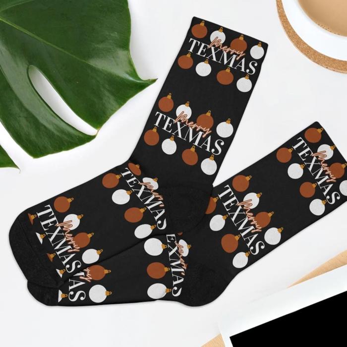 Longhorns Merry Texmas Socks, Super Soft UT Socks, Longhorn Fan Gift, Burnt Orange and White Socks