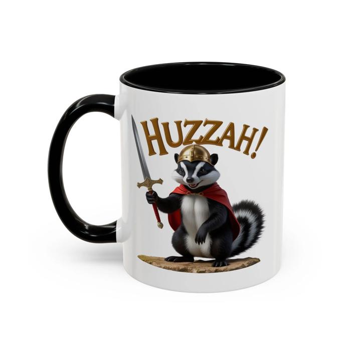 Funny Skunk Knight Accent Coffee Mug, Coffee Lovers Medieval Ceramic Cup, Quirky Gift for Role Playing Fans and Small Mammal Lovers