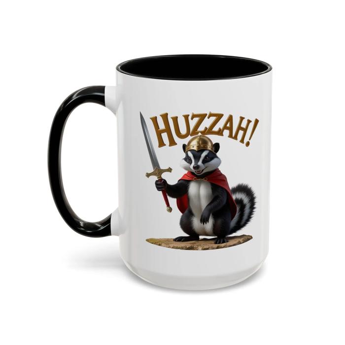 Funny Skunk Knight Accent Coffee Mug, Coffee Lovers Medieval Ceramic Cup, Quirky Gift for Role Playing Fans and Small Mammal Lovers