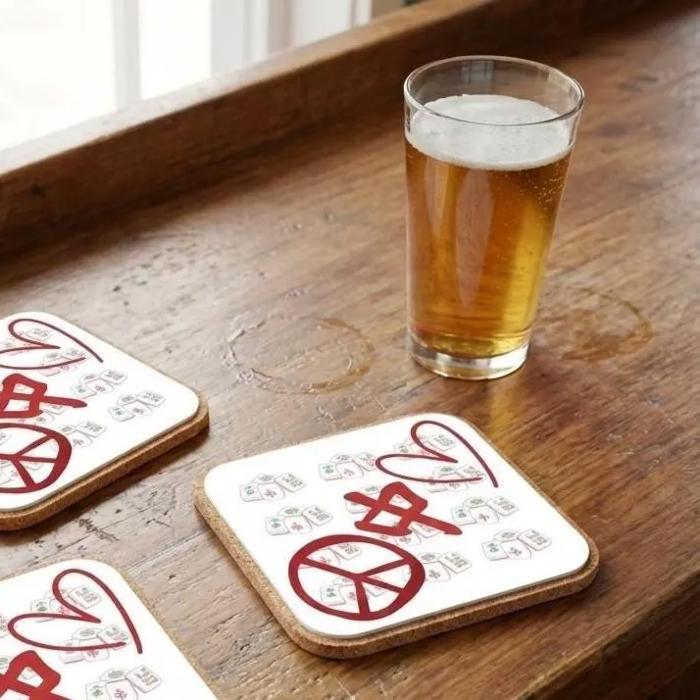 Peace Mahjong Love Hardboard Coasters with Cork Bottom (Set of 4), Tile Game Players Gift