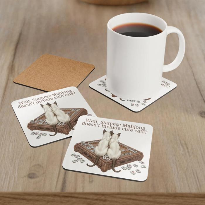 Peace Mahjong Love Hardboard Coasters with Cork Bottom (Set of 4), Tile Game Players Gift