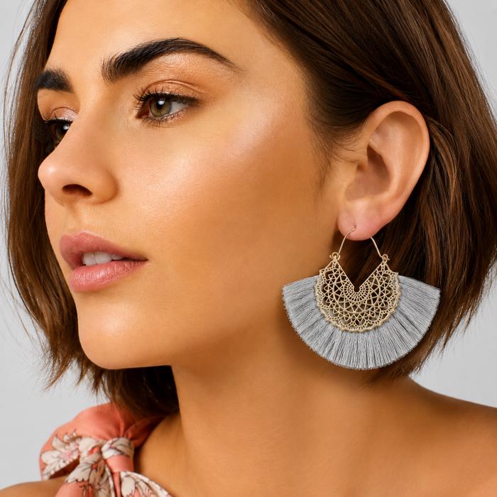 Boho Fan Tassel Earrings – Gold Filigree Fringe, 4 Colors