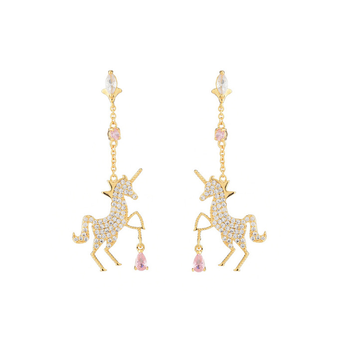 Sparkling Unicorn Dangle Earrings – Gold CZ Drop