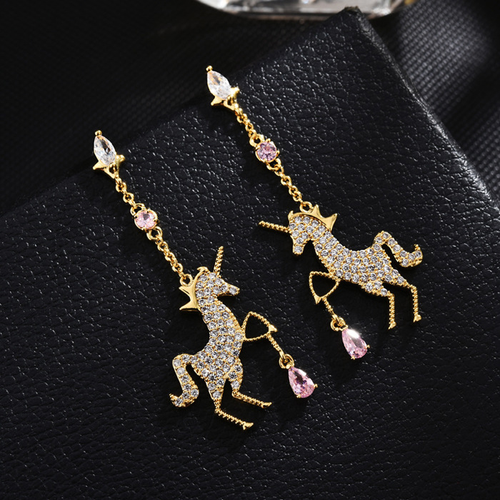Sparkling Unicorn Dangle Earrings – Gold CZ Drop