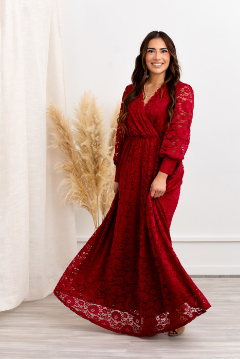 Carolina Deep V Lace Floral Burgundy Maxi Dress | Party Dress, Prom Dress, Wedding Dress, Pregnancy Photo-shoot Dress, Nursing Dress