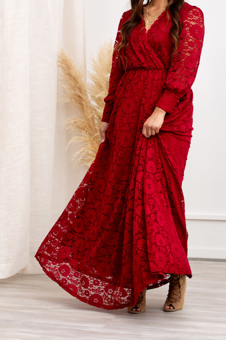 Carolina Deep V Lace Floral Burgundy Maxi Dress | Party Dress, Prom Dress, Wedding Dress, Pregnancy Photo-shoot Dress, Nursing Dress