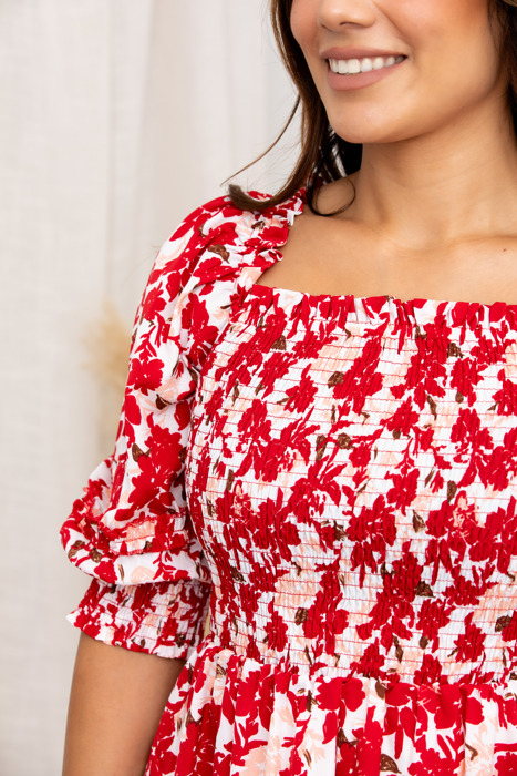 Elaine Red Floral Smocked Dress – Puff Sleeve Tiered Mini