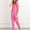 Medium Pink Bamboo Pajama Set – Soft T-Shirt & Jogger Sleepwear for Women, Lightweight Cozy Loungewear, Hot Sleeper PJs