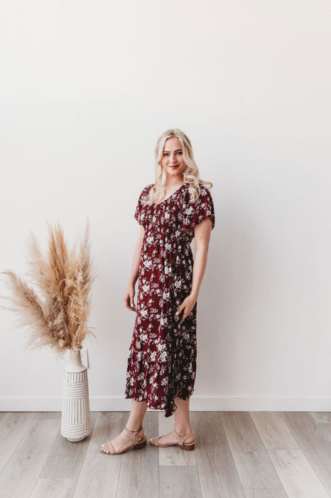 Laurel Smocked Midi Dress Floral with Flutter Sleeves
