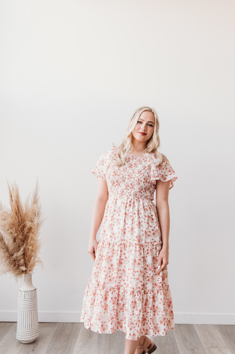Oana Floral Midi Smocked Bodice Modest Dress Clearance