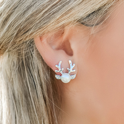 Christmas Earrings, Pearl Reindeer Studs, Pearl Earrings, Silver Earrings, Gold Earrings, Minimalist Holiday Earrings, Festive Earring