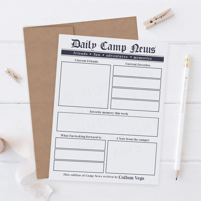 Newspaper Camp Stationery | Note from Camp Note Cards | Letters from Summer Camp Notepad