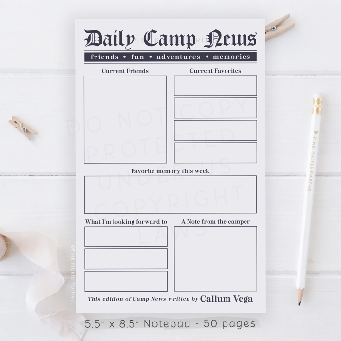 Newspaper Camp Stationery | Note from Camp Note Cards | Letters from Summer Camp Notepad