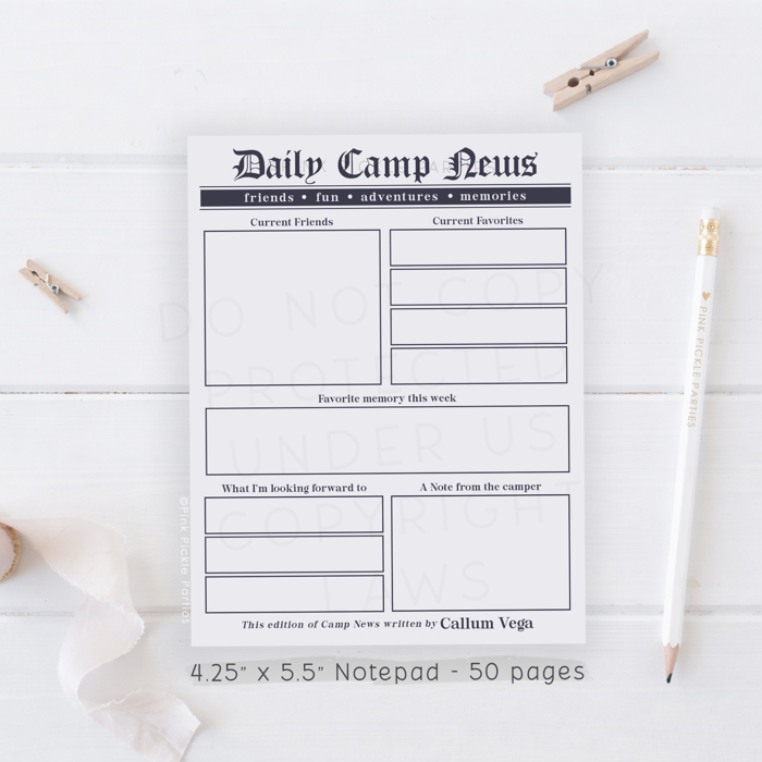 Newspaper Camp Stationery | Note from Camp Note Cards | Letters from Summer Camp Notepad