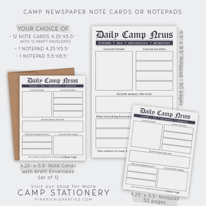 Newspaper Camp Stationery | Note from Camp Note Cards | Letters from Summer Camp Notepad