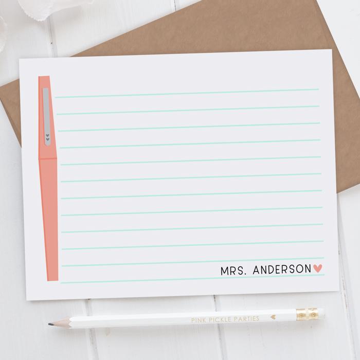 Personalized Teacher Note Cards Set of 12 | Flair Pen Stationery | Teacher Appreciation Gift