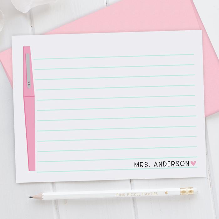Personalized Teacher Note Cards Set of 12 | Flair Pen Stationery | Teacher Appreciation Gift