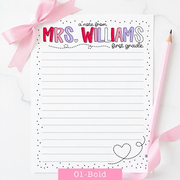 Personalized Teacher Notepad | Girly Hearts Stationery Teacher Gift