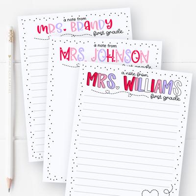 Personalized Teacher Notepad | Girly Hearts Stationery Teacher Gift