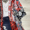 One Size Fits Most Red Boho Print Lightweight Kimono / Kimonos boho chic Cover-up