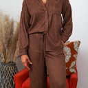 Small Chestnut Brown Amanda Crinkled Plisse Button Down Shirt Loungewear Set