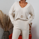 Medium Oatmeal Alice Ribbed Knit Sweater V Neck Loungewear 2 Piece Set